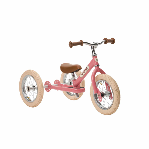 Trybike Pink steel with brown seat and grips